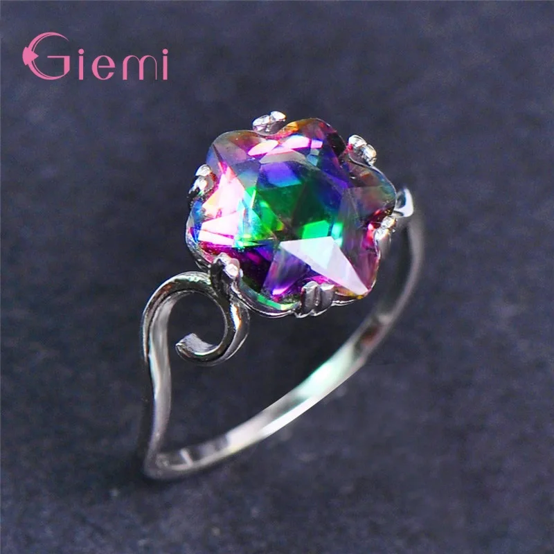 5-12 Big 925 Sterling Silver Jewelry Ring Mystic Rainbow Topaz Cubic Zircon Finger Decoration for Wedding Engagement