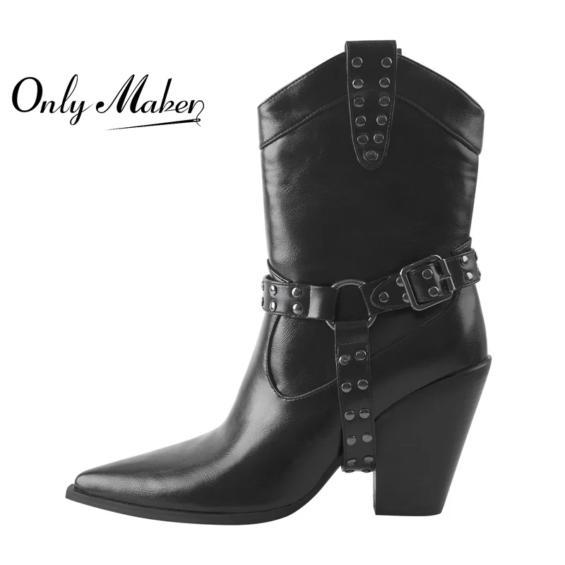 Onlymaker Women Pointed Toe Ankle High Boots Metal Decoration Zipper Belt Buckle Black Chunky Low Heels Big Size Booties