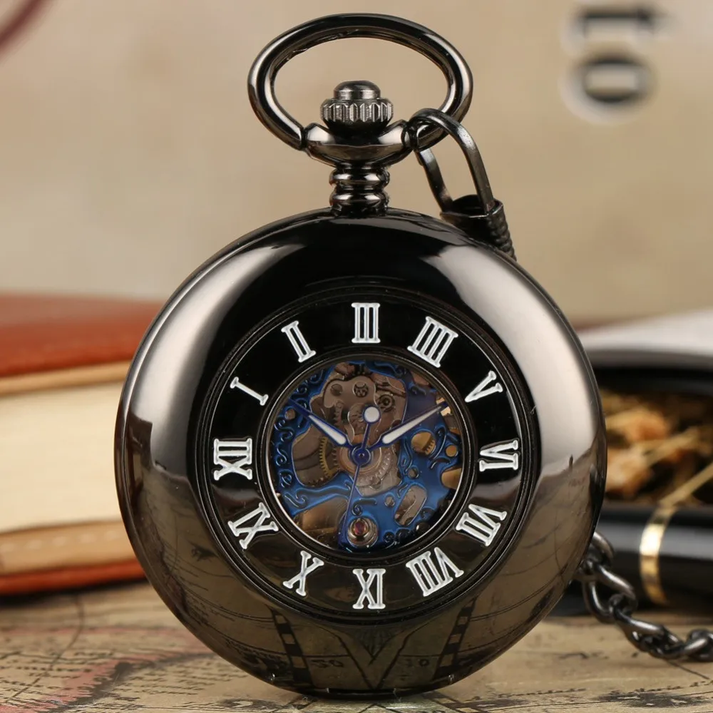 

Luxury Mechanical Pocket Watch Men Half Hunter Roman Numerals Display Smooth Black Pendant Clock Vintage Xmas Gifts Male