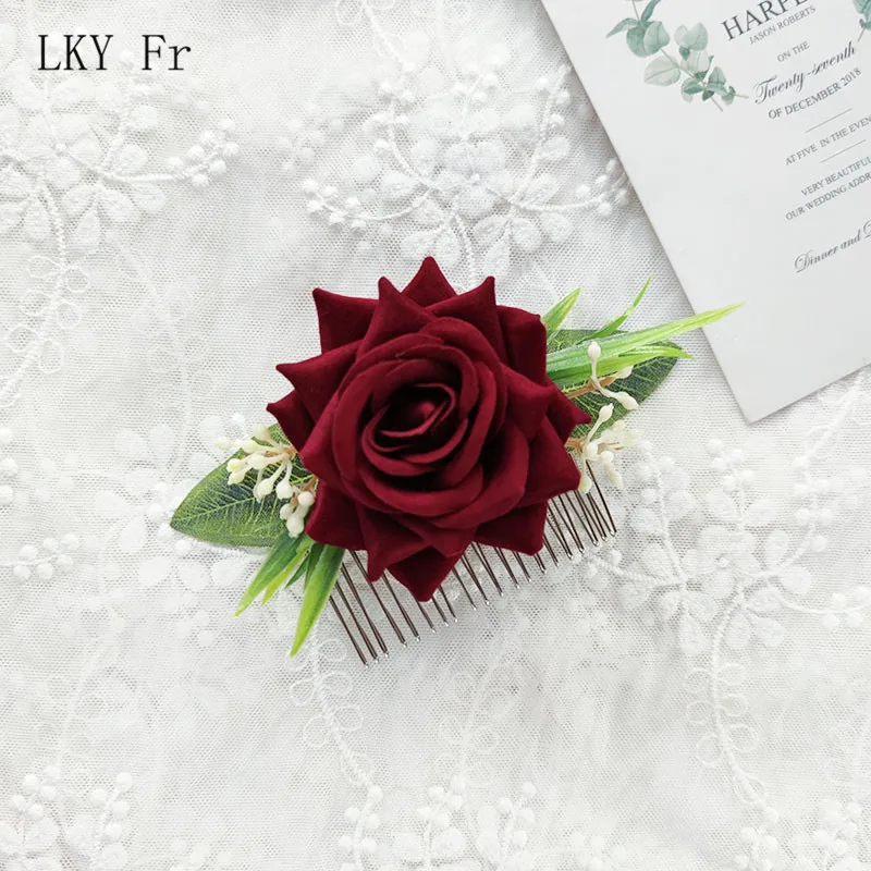 Lky fr enfeites de cabelo para noiva, acessórios de casamento floral, pentes para cabeça, flores, artificiais, vermelhas, damas de honra, decoração de festa