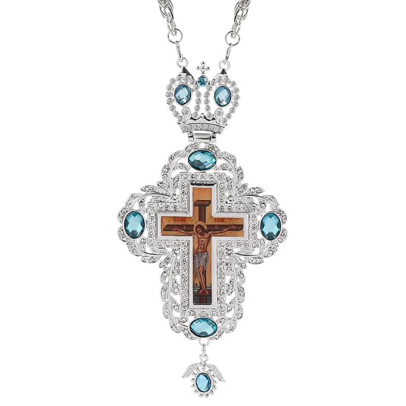 Jesus Crucifix Cross Necklace Clear Crystal Pendant Chain for Men Women Priest Church Accessories Religious Pastor Jewelry Gift