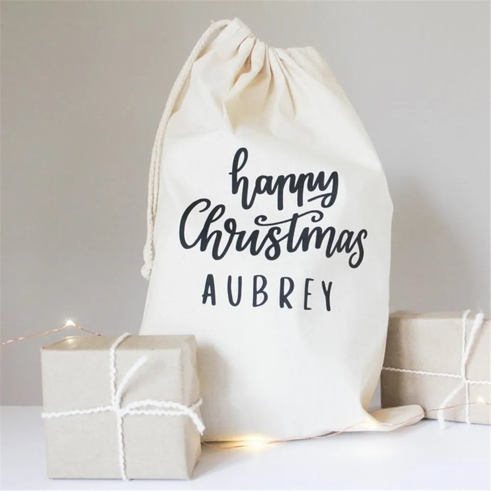 Christmas Eve Bag Personalized Santa Sack Christmas Stocking Custom Drawstring Bag Happy Christmas New Year Canvas Gift Bag