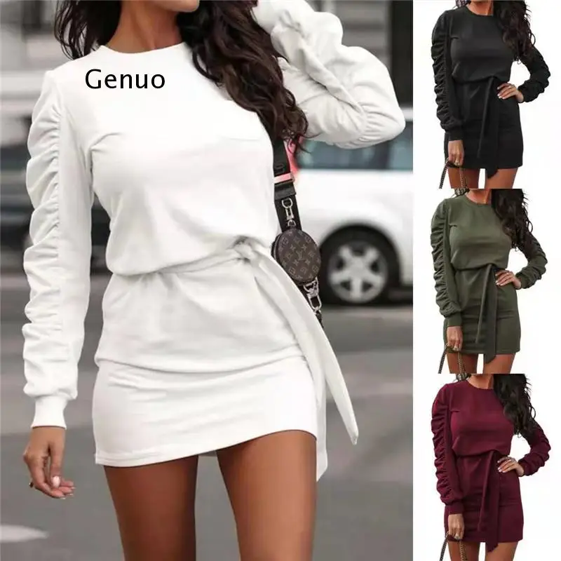 Spring Autumn Women High Waist Dresses Women's Ruffled Sleeve O Neck Fashion Casual Sweatshirt Dress Street Style Belt Pullovers