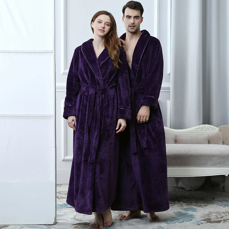 Men Winter Extra Long Thick Warm Grid Flannel Bathrobe Mens Luxury Kimono Bath Robe Women Sexy Robes Male Thermal Dressing Gown