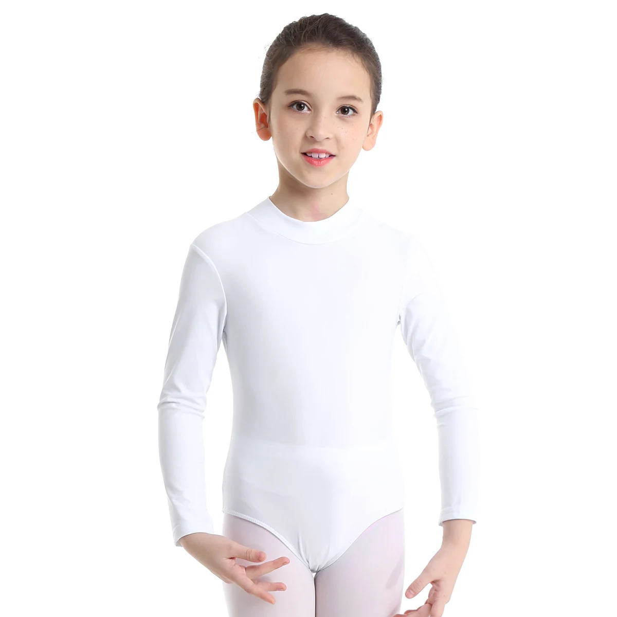 Children Girls Ballet Gymnastics Leotard Long Sleeve Mock Neck Solid Bodysuit for Skating Acrobatics Yoga Dance Class Training