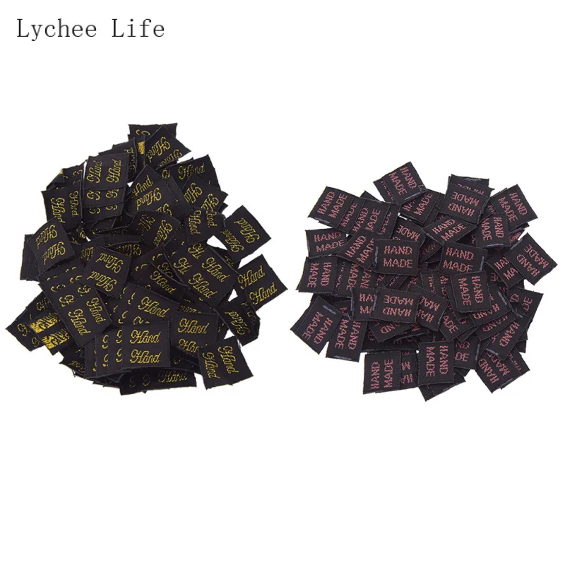 Lychee Life 100 sztuk/partia ręcznie odzieży etykiety tagi różowy złoty kolor poliester tkaniny etykiety dla Diy szycia rzemiosła