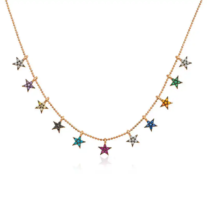 Silver Colorful Stars Lady Necklace 925 Sterling Women Fine Jewelry Wedding Party Birthday Gift - Box - for Stone - Pendant - Chain Choker - Female - Ladies - Fashion