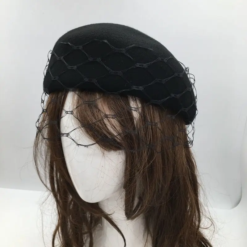 

2021 Fashion Ladies Mesh Beret Hat Fancy 100% Wool Felt Hat Warmer Winter hat Cap Women Fedora Hat Fascinator Pillbox Hat Formal