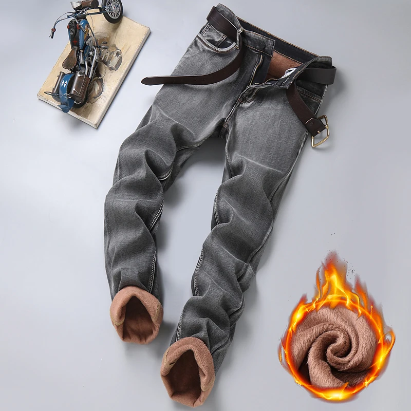 Inverno masculino quente grosso cinza jeans negócios moda regular ajuste calças jeans velo estiramento masculino marca de alta qualidade