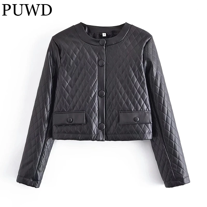 

PUWD Casual Women Faux Leather Blazer 2021 Autumn Winter Plaid Retro Commute Solid Street Suit Jacket Slim Female Short Outwear