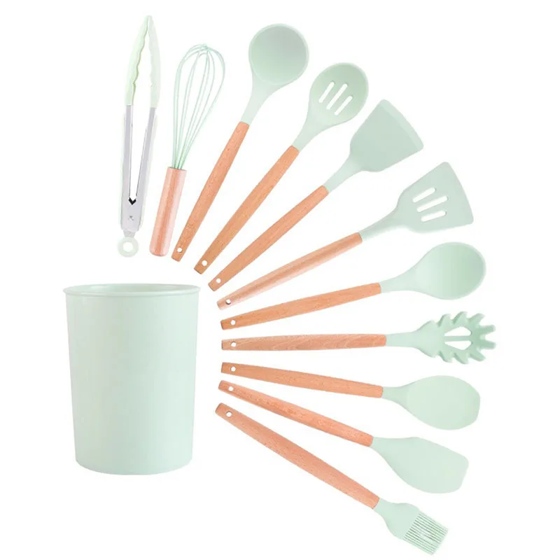 Green Silicone Utensils Cooking Kitchenware Tool Set With Wooden Multifunction Handle Non-Stick Spatula Ladle Egg Beaters Shovel