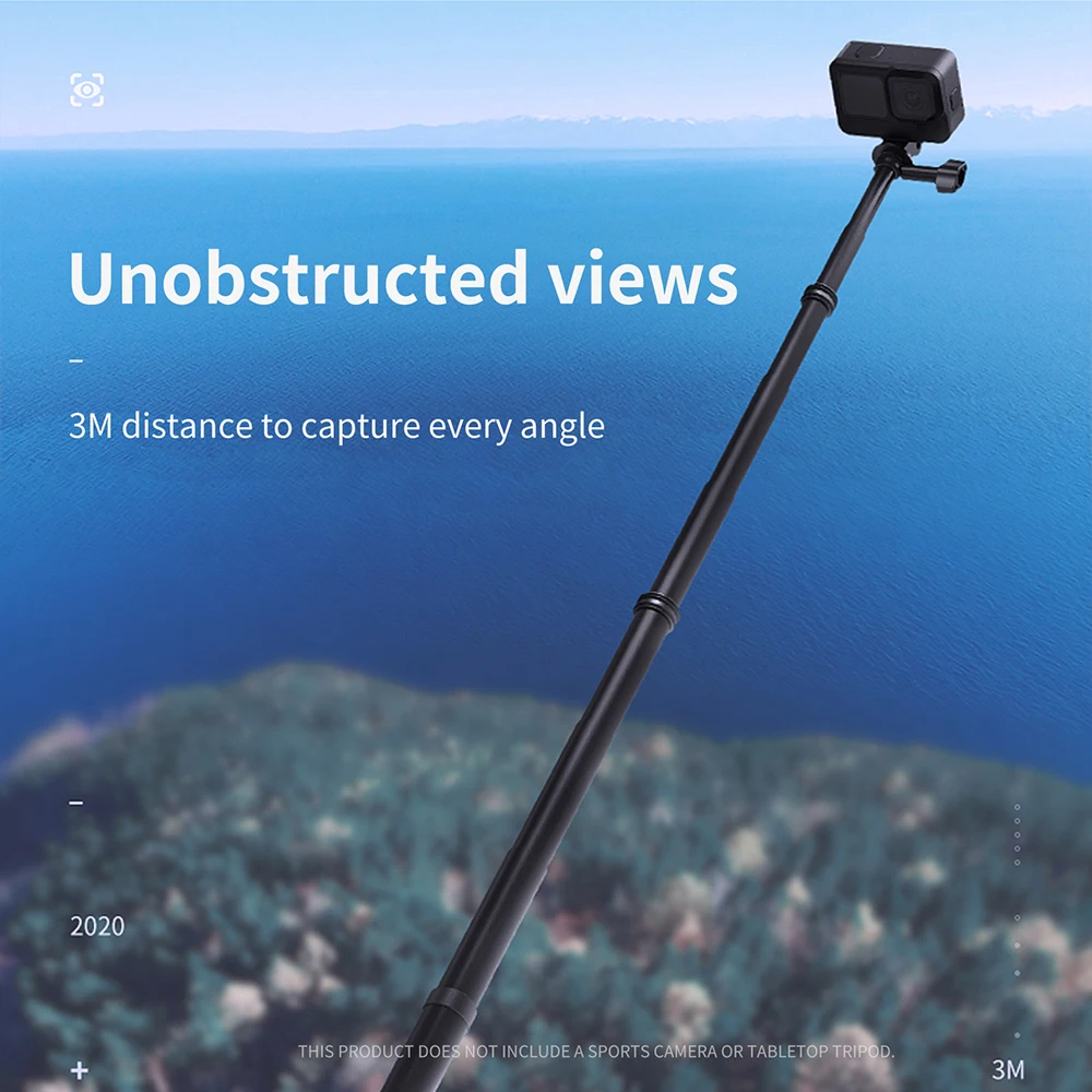 Telesin 3m longa fibra de carbono monopod selfie vara para gopro hero 10 9 8 7 6 5 dji ação 2 insta360 sjcam acessórios da câmera