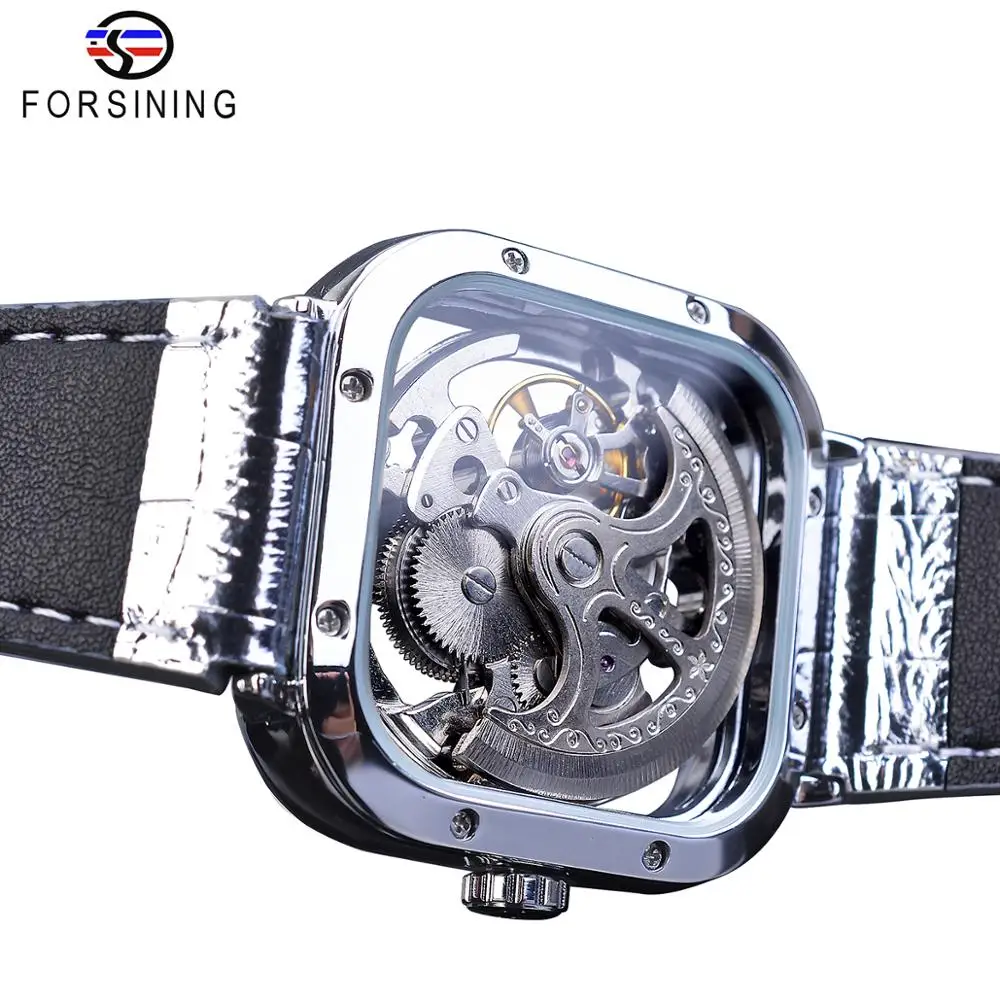 Forsining White Silver Flower Transparent Gear Movement Mens Automatic Skeleton Wrist Watches Top Brand Luxury Mechanical Clock