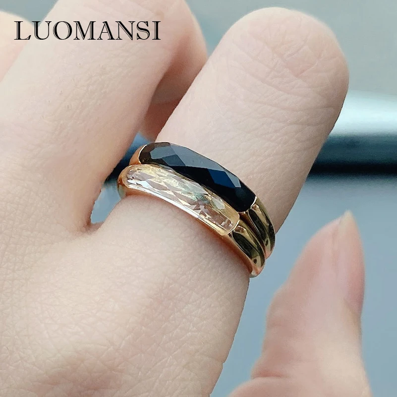 Luomansi 925 Sterling Silver 10K Gold Natural Crystal Green Chalcedony Black Agate Gemstone Ring Personality Woman Party Jewelry