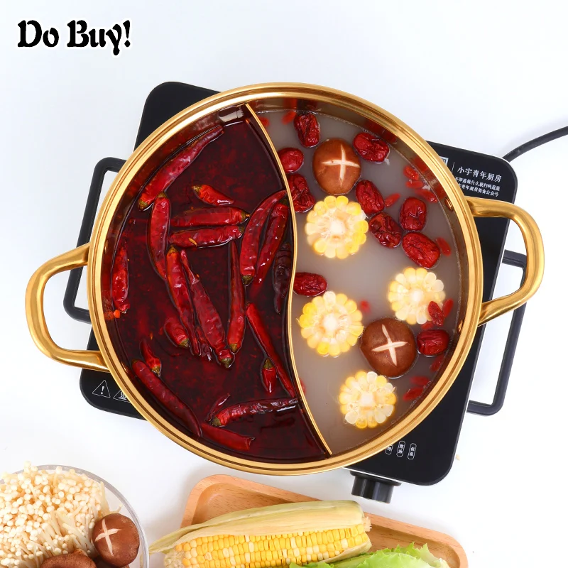 Chinese Hot Pot Cookware Hot Pot 2 In 1 Stainless Steel Gold Color Chongqing  Meat Induction HotPots  with Divider Cookware