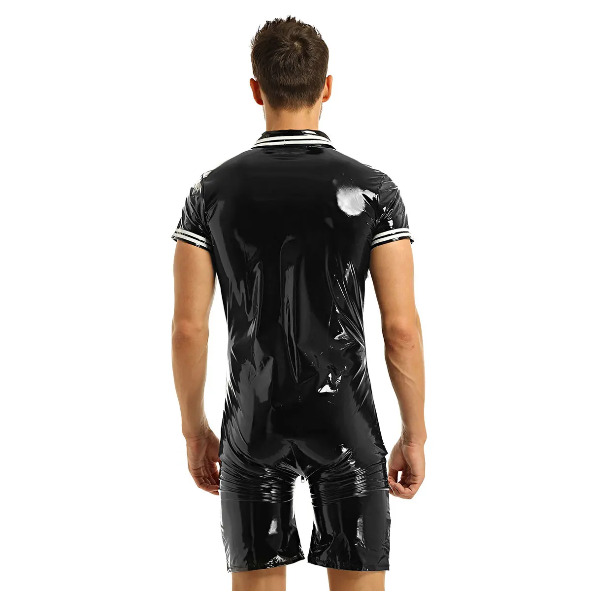 Sexy Latex Lingerie Bodysuit For Men One-piece Wet Look Patent Leather Front Zipper Boxer Briefs Leotard Bodysuit Nightwear