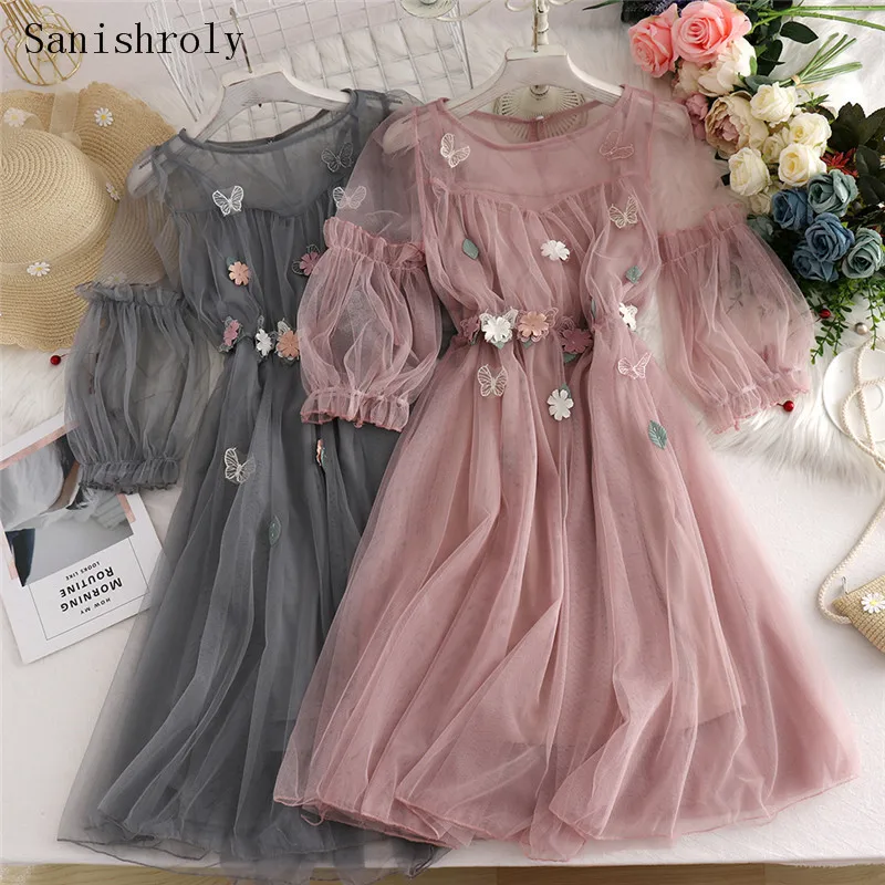 Sanishroly Summer Autumn Women Long A-Line Dress Sweet Floral Butterfly Lace Dress Female Short Sleeve Mesh Dress Vestidos CD086