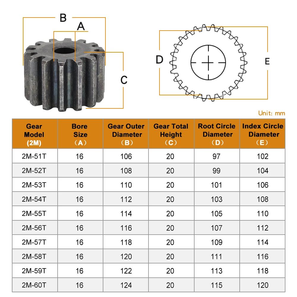 Cylindrical Gear 2M-51/52/53/54/55/56/57/58/59/60T SC45# Carbon Steel Spur Gear Total Height 20mm High Frequency Quenching Teeth