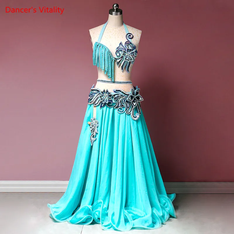 Belly Dance Suit Diamond Bra Tassel Short Skirt Big Swing Skirt Performance 3-Piece Set Custom Adult Child Competition Clothing