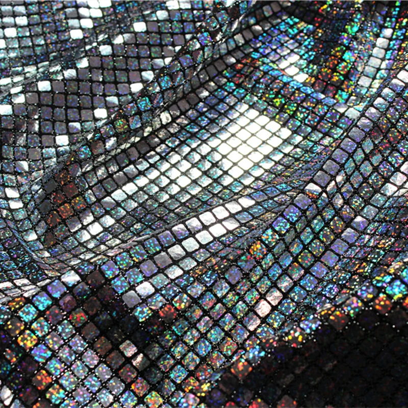 Silver Grid Sequined Gauze Fabric Iridescent Reflective DIY Patches Decor Dress Stage Cosplay Metallic Clothes Designer Fabric