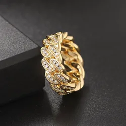 Cuban Link Ring for Men Iced Out Gold Color Crystal Zircon Mens Punk Accesorios Hippie Rock Fashion Hip Hop Women Jewelry OHR021