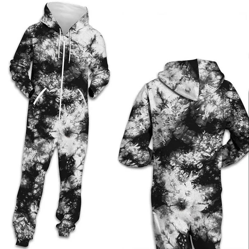 Women Men Autumn Plus Size Tie-Dye 3D Print Hooded Zipper Fleece Jumpsuit Fashion Casual Loose Romper Overalls Sleepwear Onesie