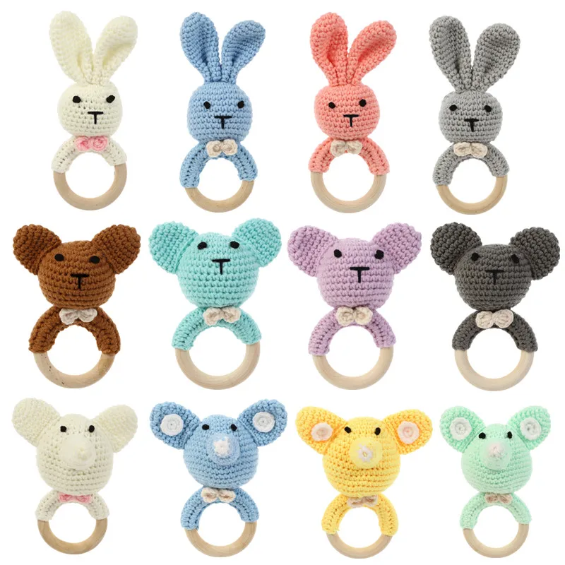 

1pc Cartoon Baby Rattle Toys Wooden Teether Ring DIY Crochet Bunny Rattle Hand Shaking Bell Newborn Mobile Educational Toys