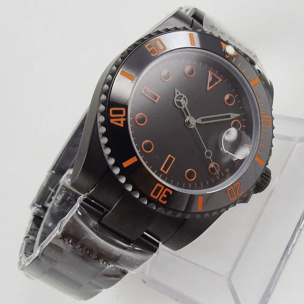 

40MM Black Sterile Dial Sapphire Glass PVD Coated Ceramic Bezel Orange Number Date MIYOTA 8215 Movement Automatic Mens Watch