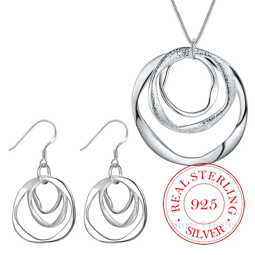 

925 Sterling Silver Jewelry Set 3-circle Earrings Geometric Choker Necklaces Jewelry Sets for Women Statement Pendientes Brincos