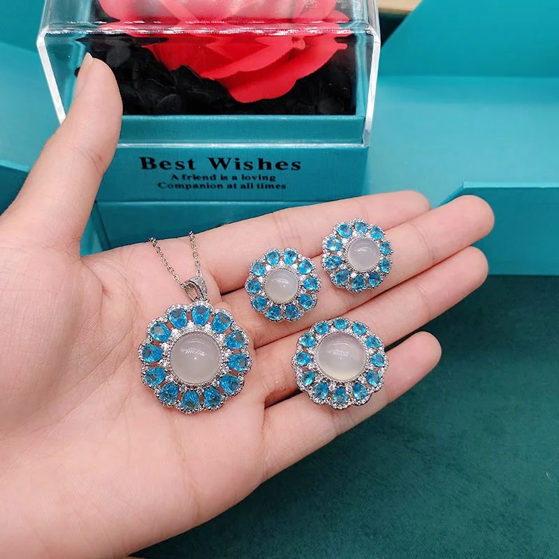 OMHXZJ EA966 Medium quality ice white chalcedony blue zircon ring earrings pendant necklace set women 12mm