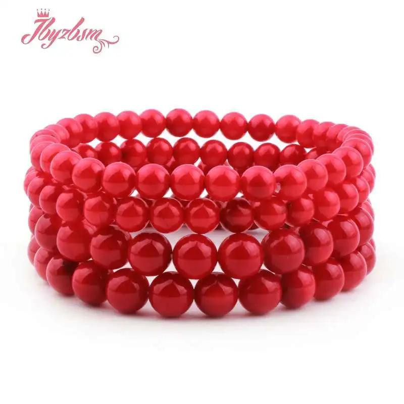 Vintage Red Coral Bracelet Jewelry Smooth Red Coral Stone Beaded Elastic Bracelet Bangle 7 \