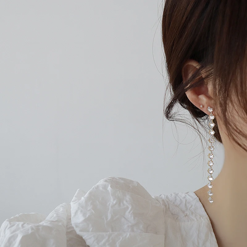 2022 Hot Long Style Genuine Zircon Earring for Women Bling Transparent AAA Zirconia Gorgeous Stud Earring Wedding Jewelry Gift