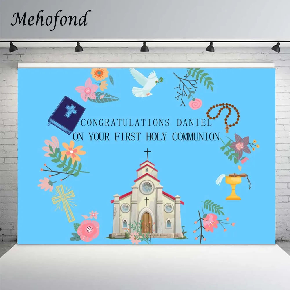 

Mehofond Boy First Holy Communion Background for Photography Church Bible Flower Birthday Decor Backdrops Photozone Photocall