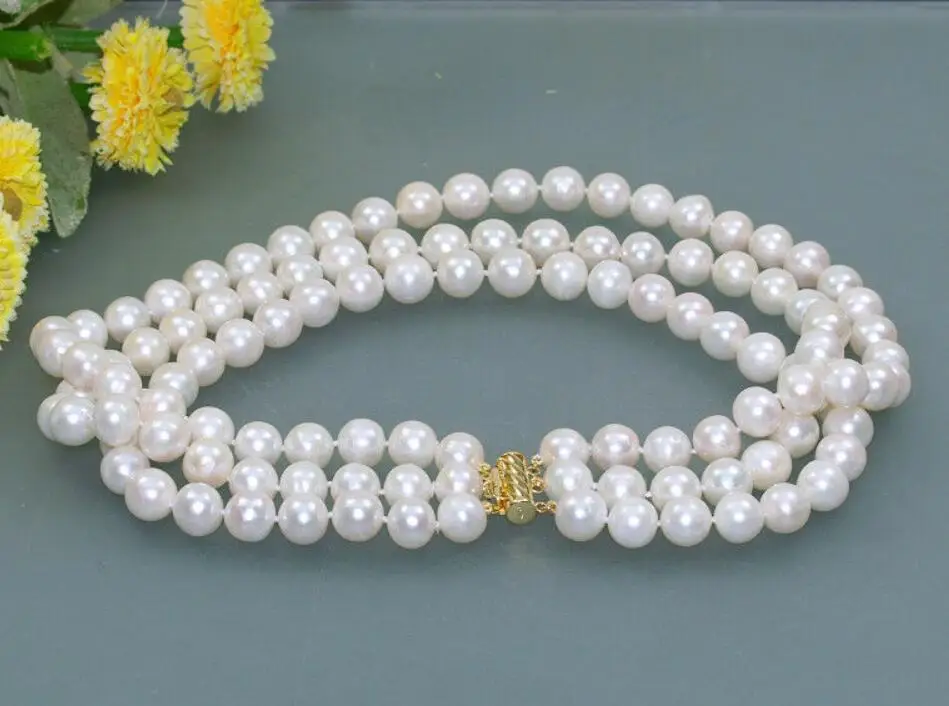 3 row 10-11mm natural white round Freshwater genuine cultured Pearl necklace 17