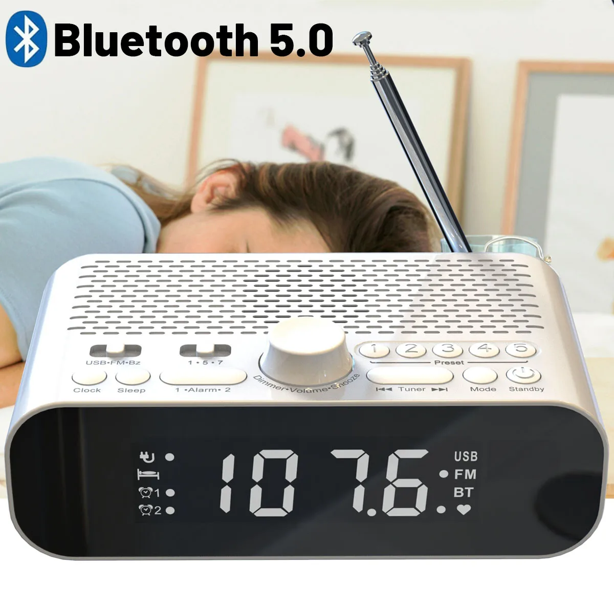 Portable FM Radio Bluetooth 5.0 Speaker MP3 Player with LED Digital Display Support U Disk Dual Alarm Clock Power-off Memory