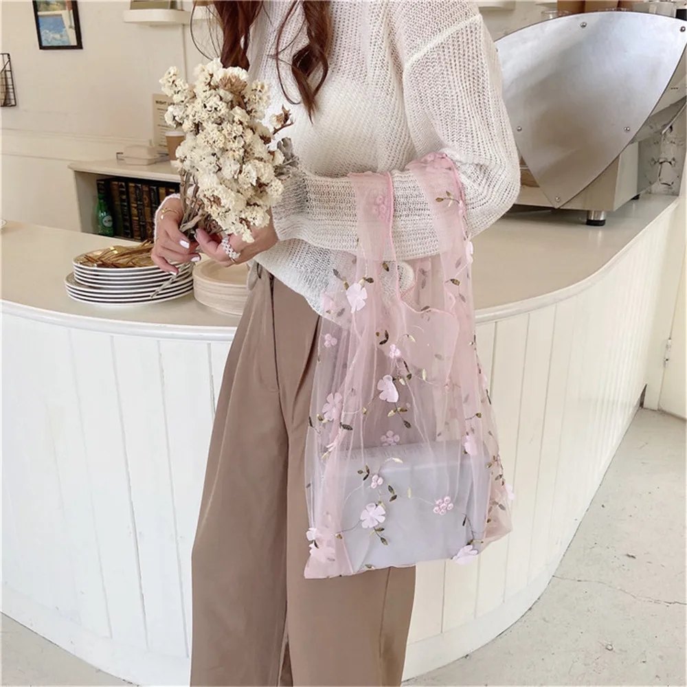 Foldable Recycle Shopping Bag Women Embroidered Light Clear Organza Jelly Tote Shoulder Mesh Bags Fruit Bag Purse for Girls 2024