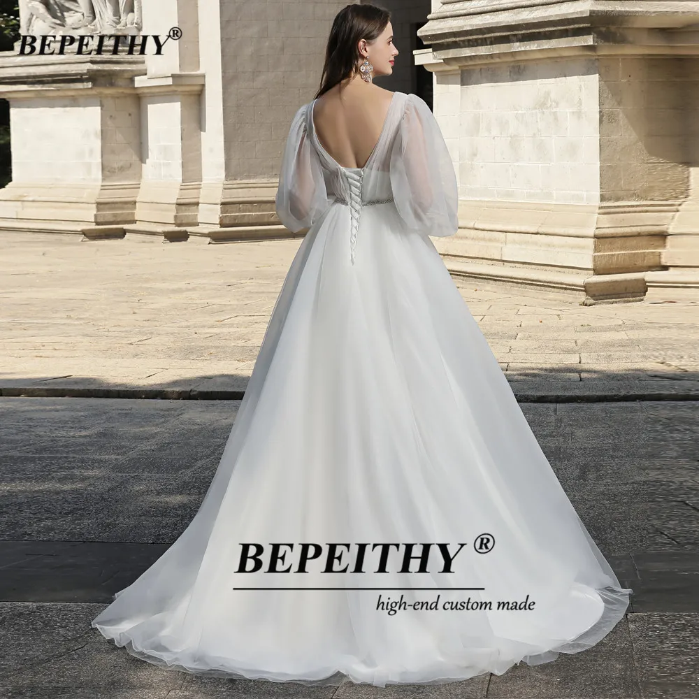 BEPEITHY Customized Simple Deep V Neck Wedding Dress For Women Open Back Sexy Full Sleeves Boho Bridal Gown Wedding Party Dress