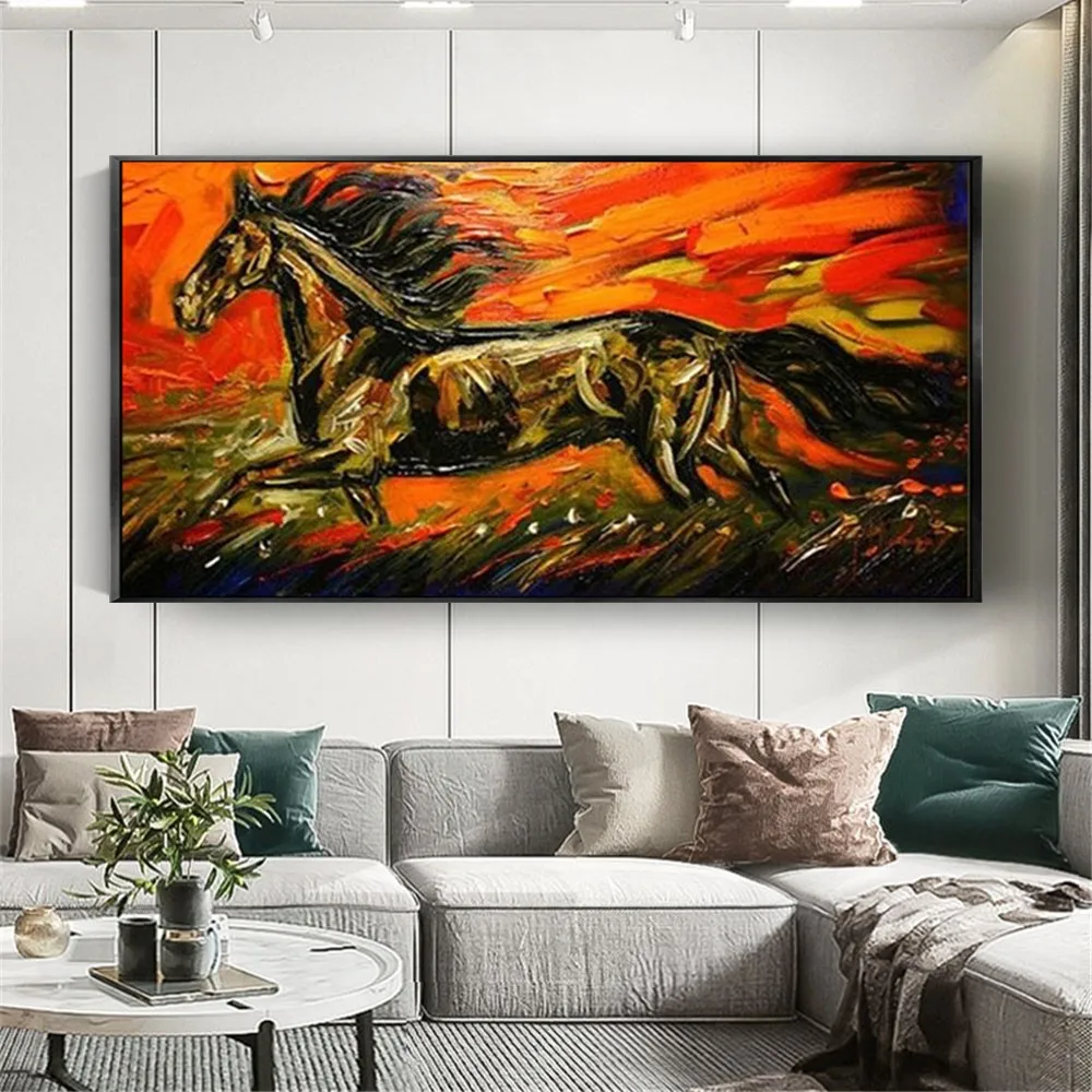 100% Hand-Painted Abstract Red Animal Oil Paintings Horse Galloping Brave Canvas Painting Wall Paint Modern Decorative Wall Art