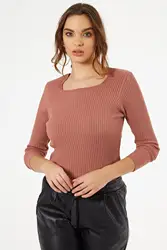 Camisola fina com nervuras de gola quadrada rosa de cor feminina