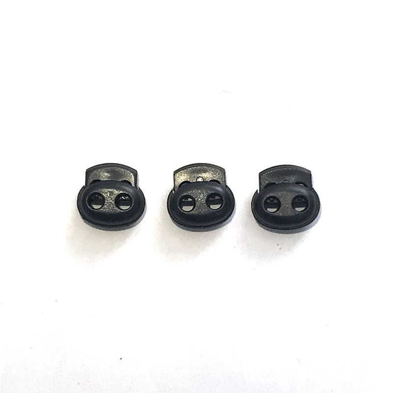 100Pcs Black Twin Hole Plastic Stopper Cord Locks Bean Drawstring Toggle Clip Apparel Shoelace Spring Button Size 4mm 5mm