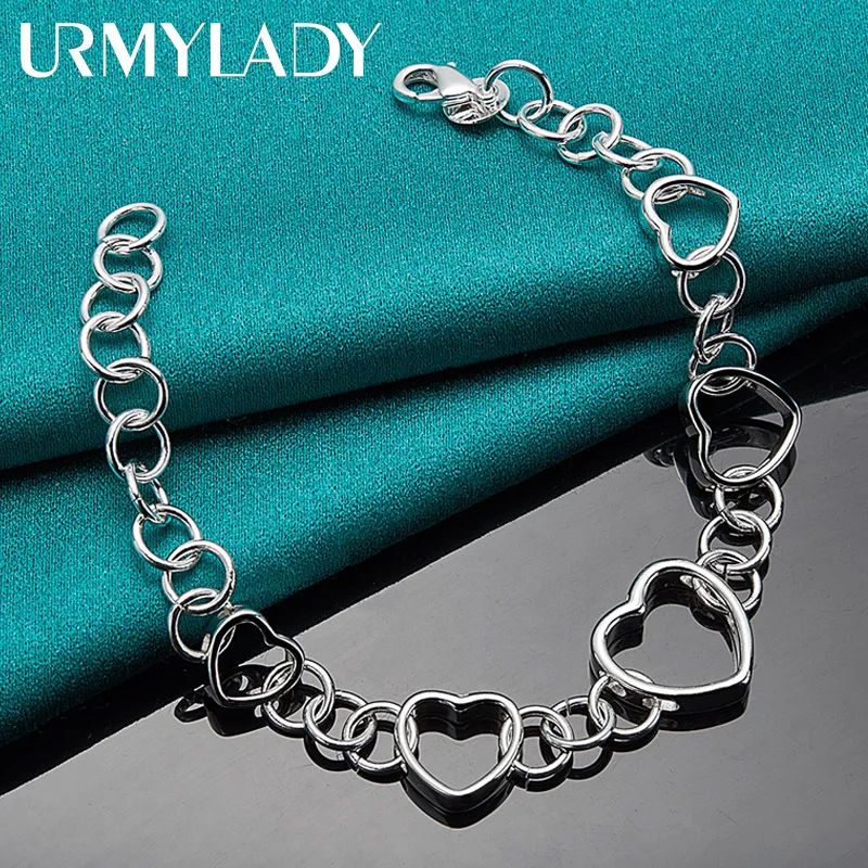 

URMYLADY 925 Sterling Silver Heart Frame Chain Bracelet For Woman Wedding Party Fashion Charm Jewelry