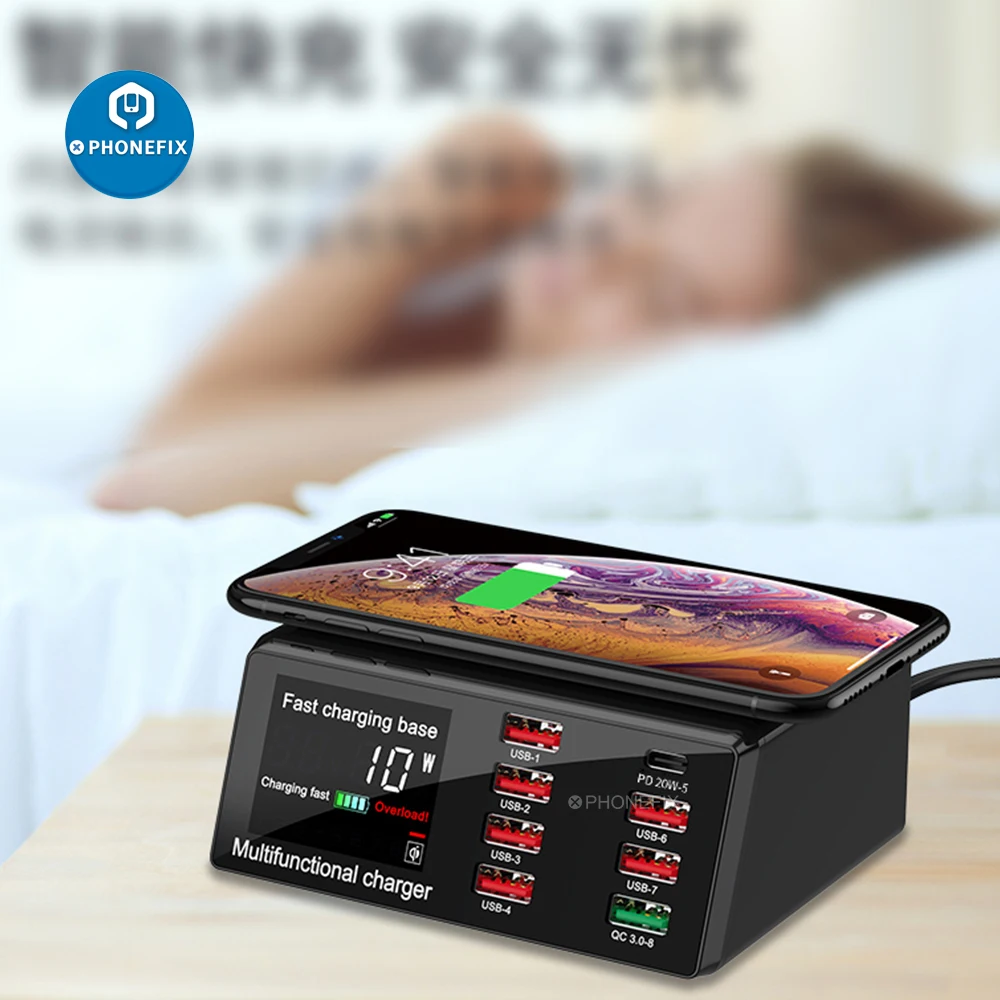 100W 8 Ports USB Fast Charging Station Quick Charge 3.0 Adapter HUB Wireless Dock Station PD Fast Charger For Mobile Device