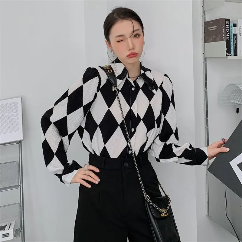 Elegant Retro Diamond Pattern Women Shirt Loose All-Match Long-Sleeved Shirt Spring Autumn Korean Style Blouse Female Top Lady