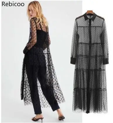 

sexy outfit women stylish polka dot patchwork transparent midi shirt dress long sleeve female chic sexy mesh dresses vestidos