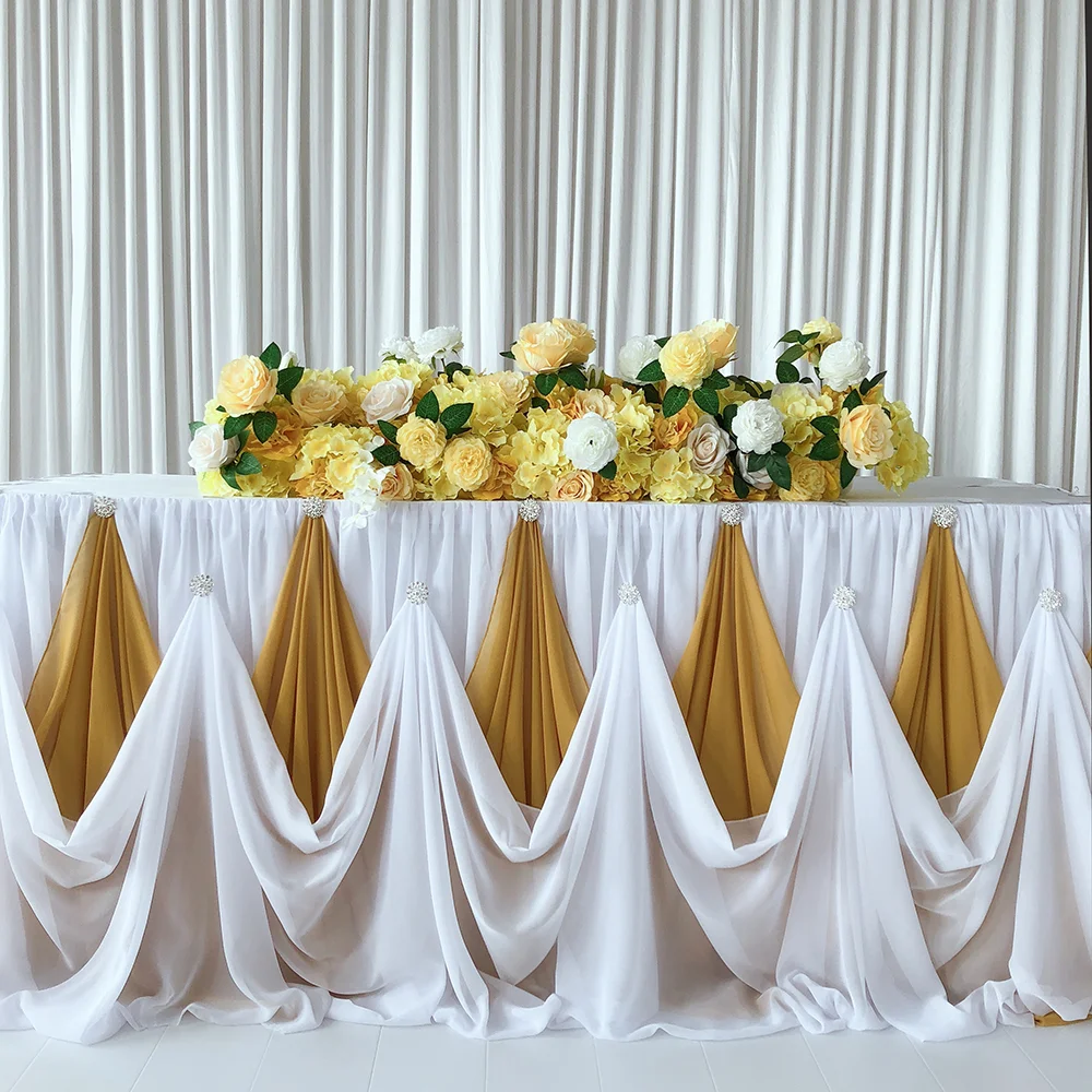 Gold White Chiffon Table Skirt with Diamond Brooch, Wedding Party Decor, New Design , 10 ftx30 inch, 1 Pc