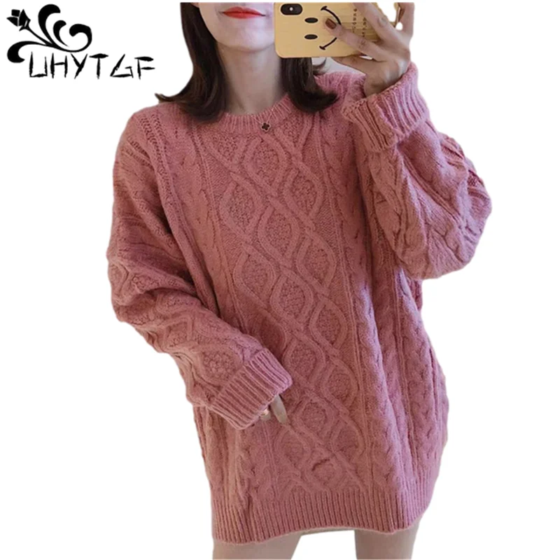 

UHYTGF Loose Size Pullover Sweater Women Spring Autumn Clothes Knit Woman Sweaters Long Sleeve Twist 9 Colors Mujer Suéteres 933