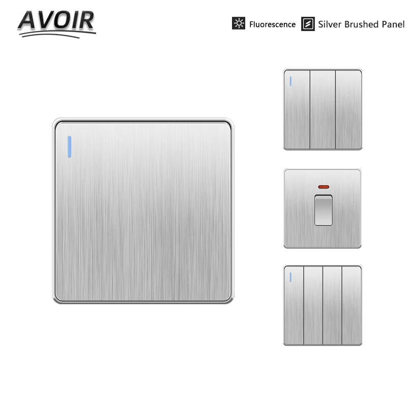 Avoir Wall Light Switch Push Button Switch with Led Indicator Aluminum Brushed Panel Silver Dimmer Fan Speed Switch  AC110V 250V