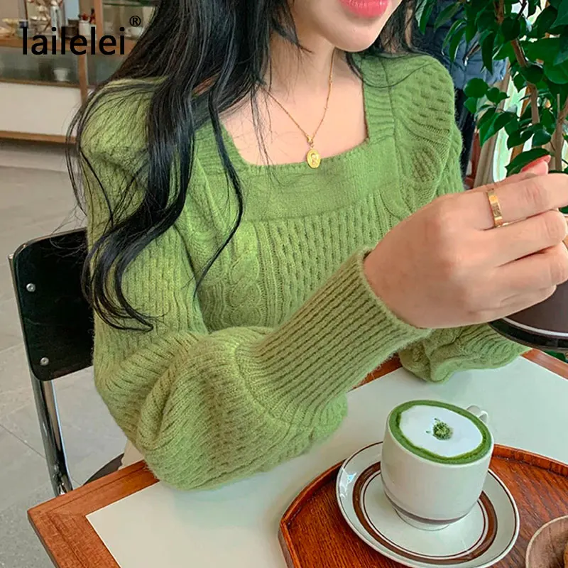 Lantern Sleeve Square Collar Knitted Sweater Crop Pullover Women Chic Korean Style Lazy Oaf Harajuku Cute Fall 2020 Winter Kazak