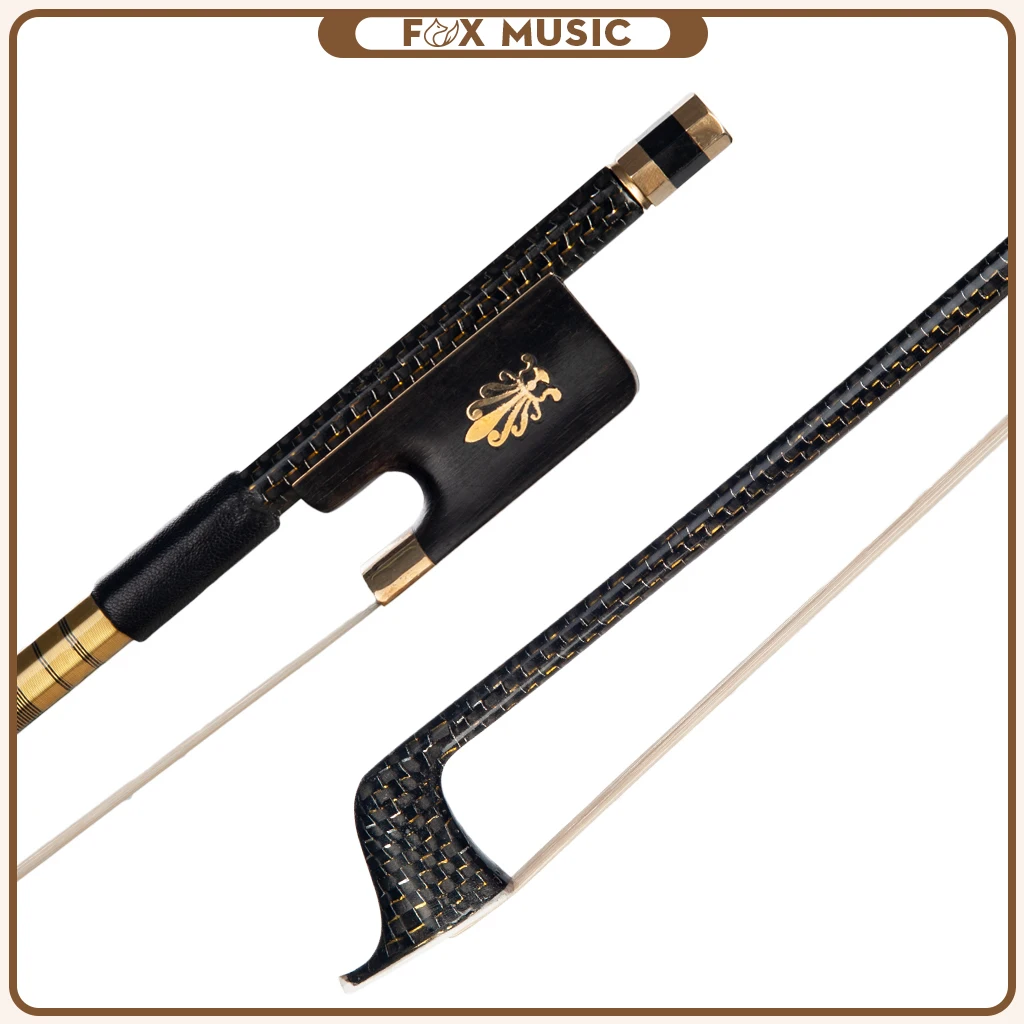 

Master 4/4 Carbon Fiber Cello Bow Golden Silk Braided Stick Round Natural Horsehair