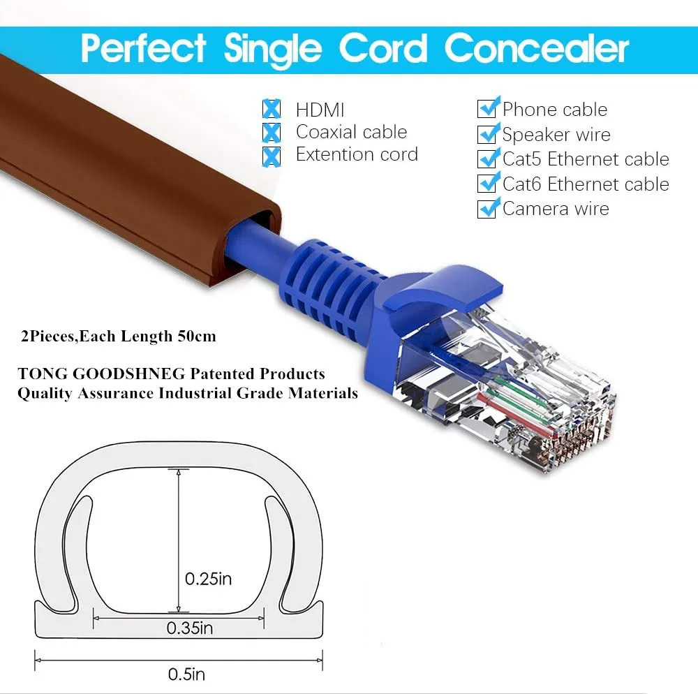 Przewód ścienny Hider Mini osłona na kable na ścianie ukryj korektor kabla na przewód głośnikowy, kabel Ethernet W0.5in H0.35in, brązowa osłona przewodu